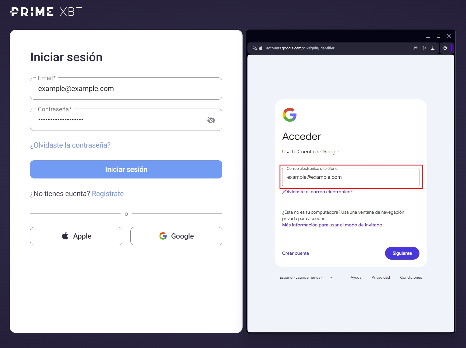Inicio de sesión PrimeXBT con cuenta de Google.