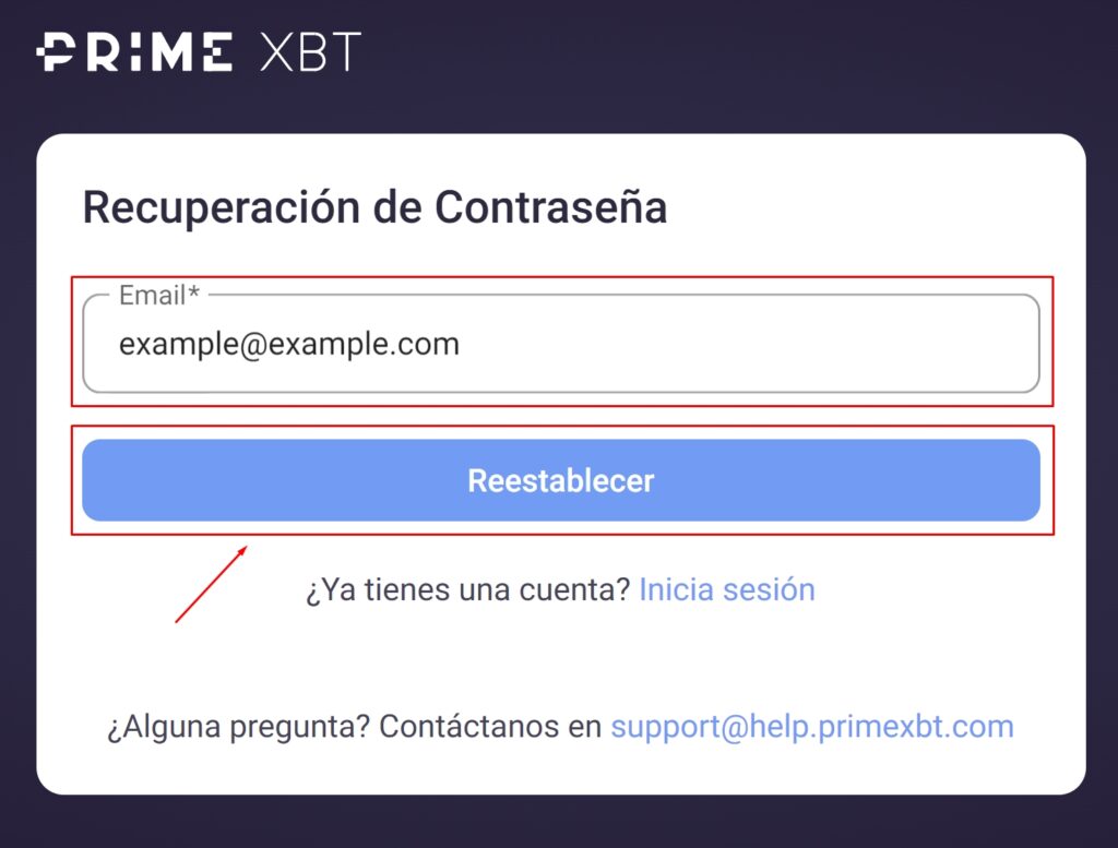 Recuperación de contraseña PrimeXBT.